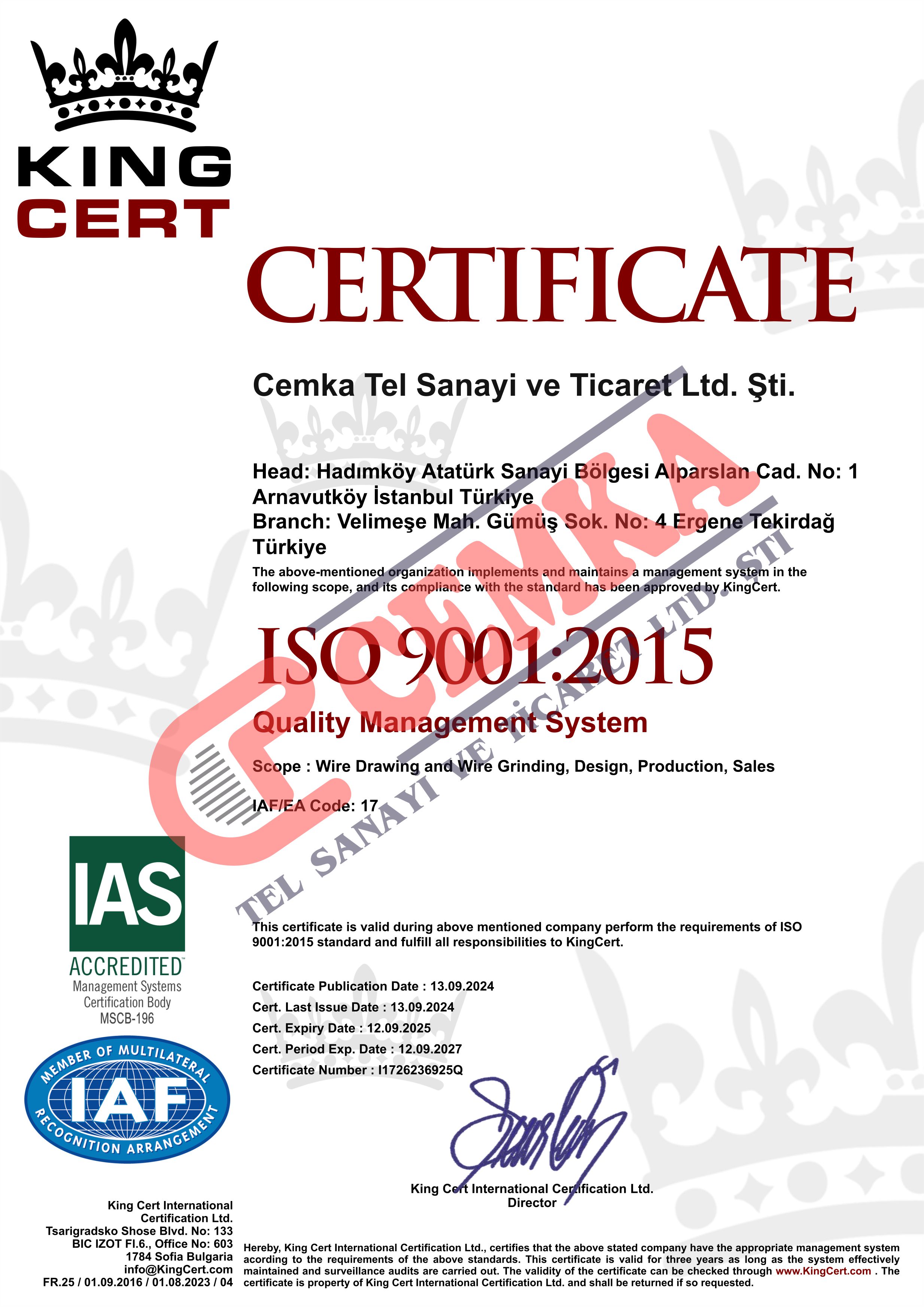 ISO 9001 Sertifikası