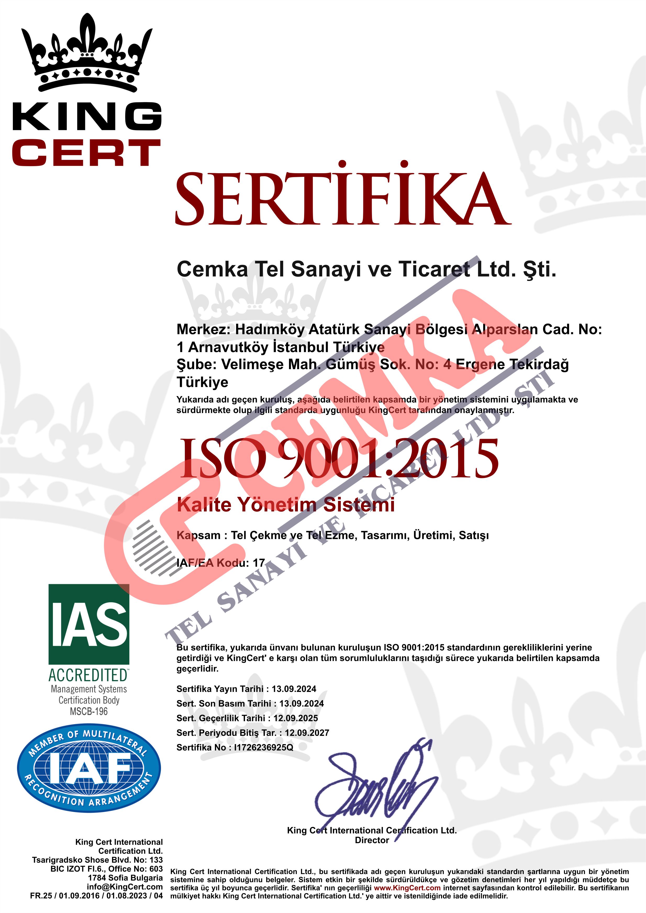 ISO 9001 Sertifikası